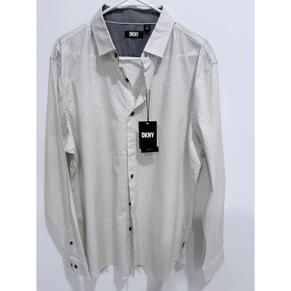 DKNY Mens XL Geometric Diamond Print Stretch Long Sleeve Button Down Shirt White